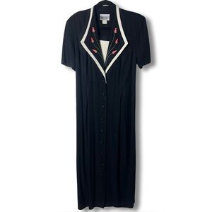 S.L. Fashions VTG Women’s Maxi Dress Black Rosebud Embroidered Lapels 80s Sz 14